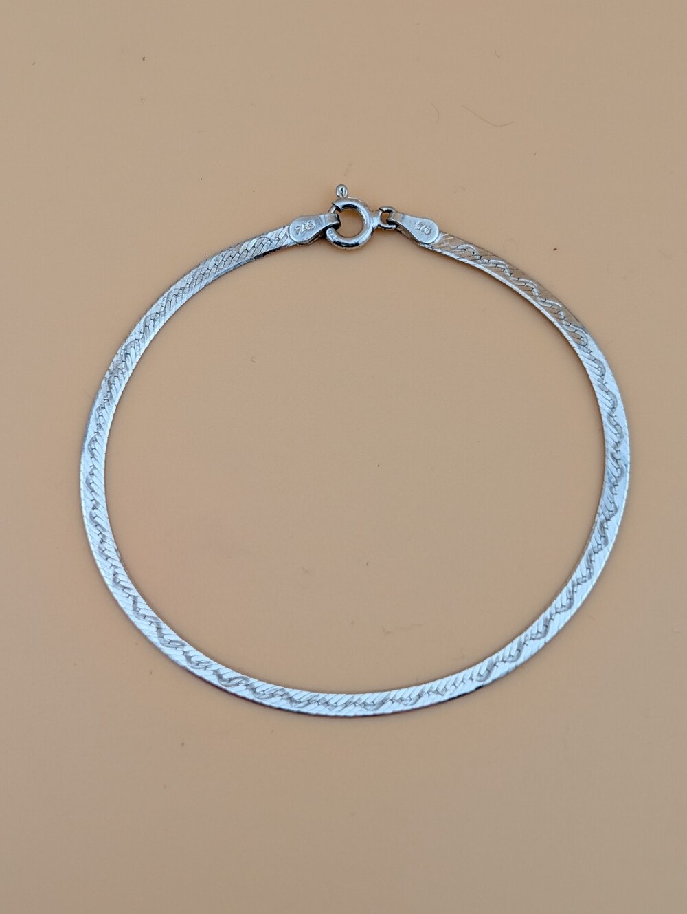 VTG 925 Sterling Silver Herringbone Flat Chain Bracelet With Wave Pattern Italy